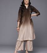 Brown floral printed silk blend kurta trouser set