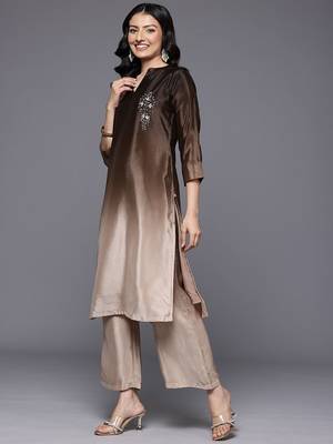 Brown floral printed silk blend kurta trouser set 3