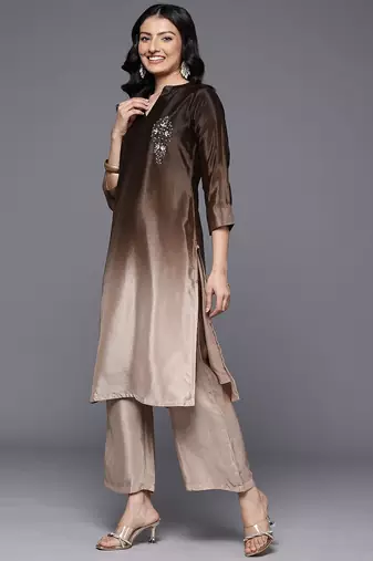 Brown floral printed silk blend kurta trouser set