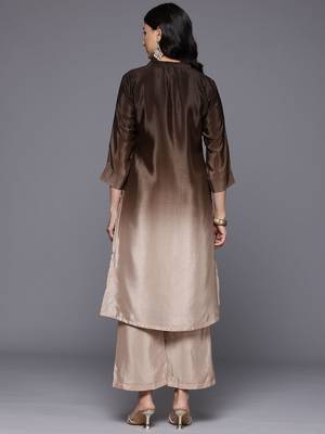 Brown floral printed silk blend kurta trouser set 4