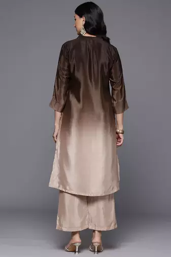 Brown floral printed silk blend kurta trouser set