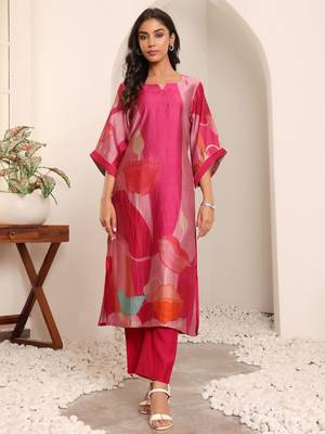 Pink floral printed cfloraleri silk kurta trouser set 1