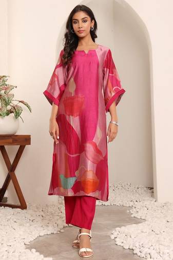 Pink floral printed cfloraleri silk kurta trouser set