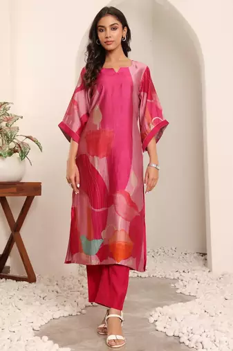 Pink floral printed cfloraleri silk kurta trouser set