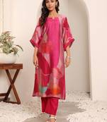 Pink floral printed cfloraleri silk kurta trouser set
