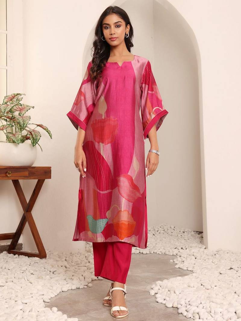 Pink floral printed cfloraleri silk kurta trouser set