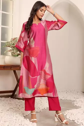 Pink floral printed cfloraleri silk kurta trouser set