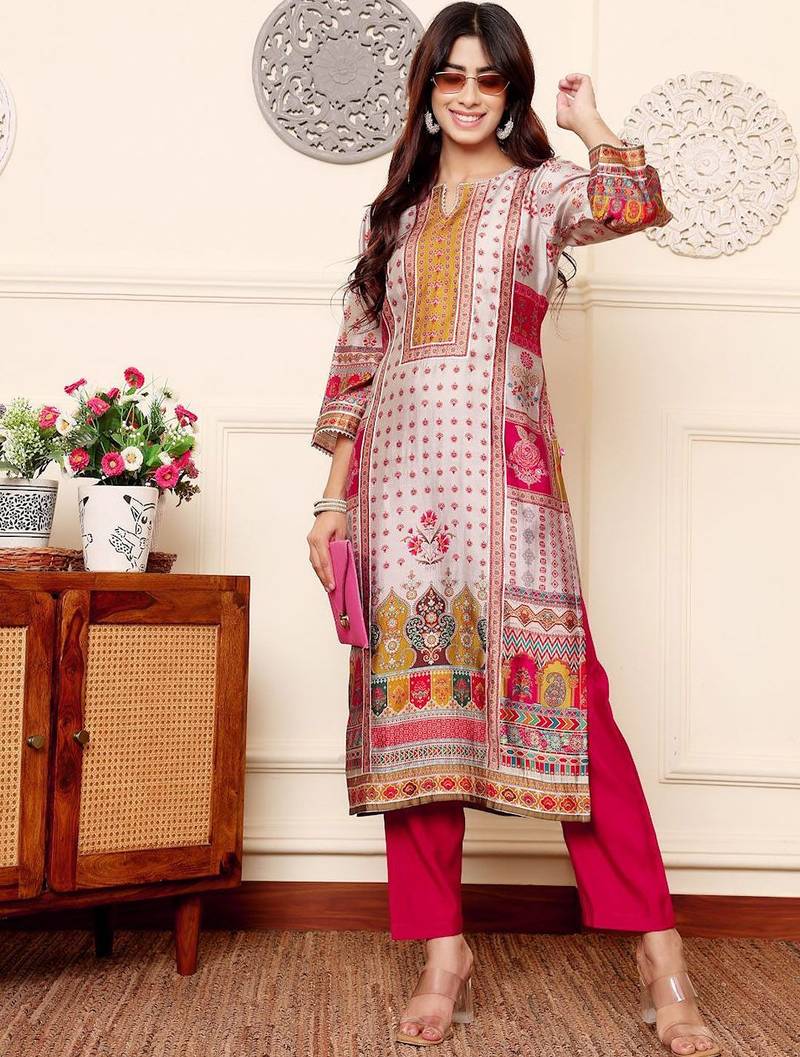 Off white floral printed cfloraleri silk kurta trouser set
