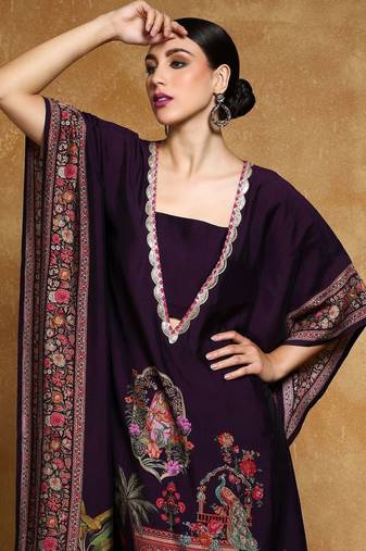 Purple floral printed silk blend kurta trouser set