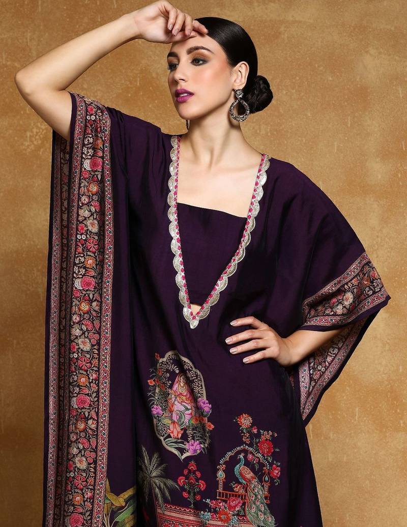 Purple floral printed silk blend kurta trouser set