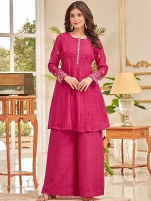 Pink floral embroidered cfloraleri cotton kurta palazzo set 2