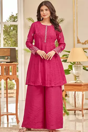 Pink floral embroidered cfloraleri cotton kurta palazzo set