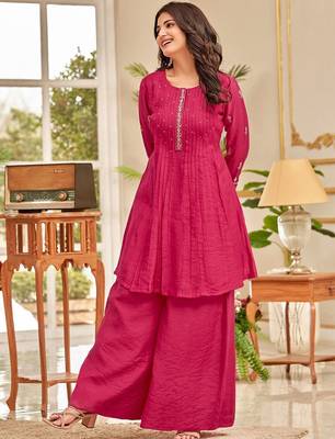 Pink floral embroidered cfloraleri cotton kurta palazzo set 4
