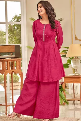 Pink floral embroidered cfloraleri cotton kurta palazzo set