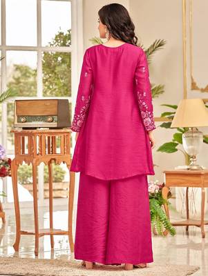 Pink floral embroidered cfloraleri cotton kurta palazzo set 5