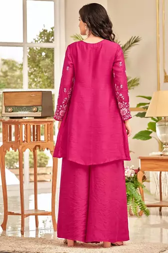 Pink floral embroidered cfloraleri cotton kurta palazzo set