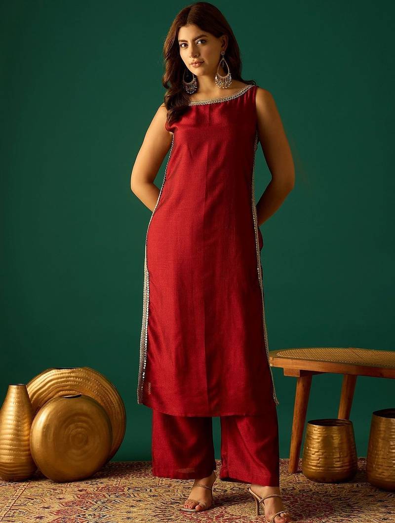 Red floral printed silk blend kurta trouser set
