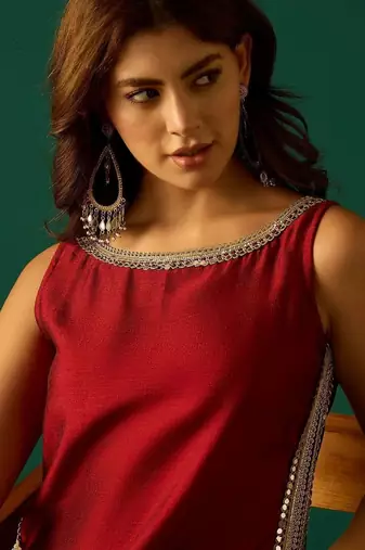 Red floral printed silk blend kurta trouser set