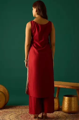 Red floral printed silk blend kurta trouser set