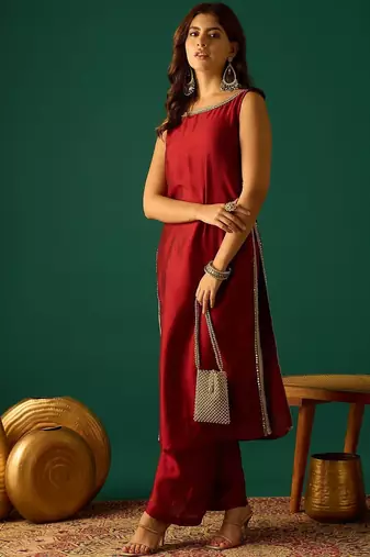 Red floral printed silk blend kurta trouser set
