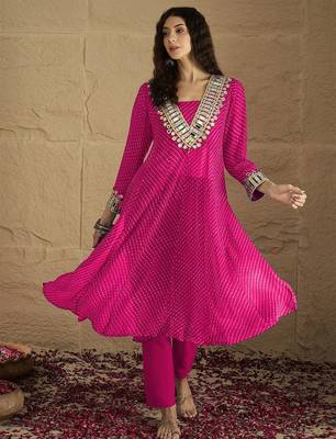 Pink floral embroidered georgette kurta trouser set 1