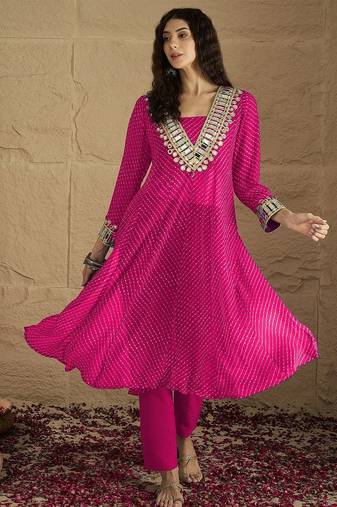 Pink floral embroidered georgette kurta trouser set