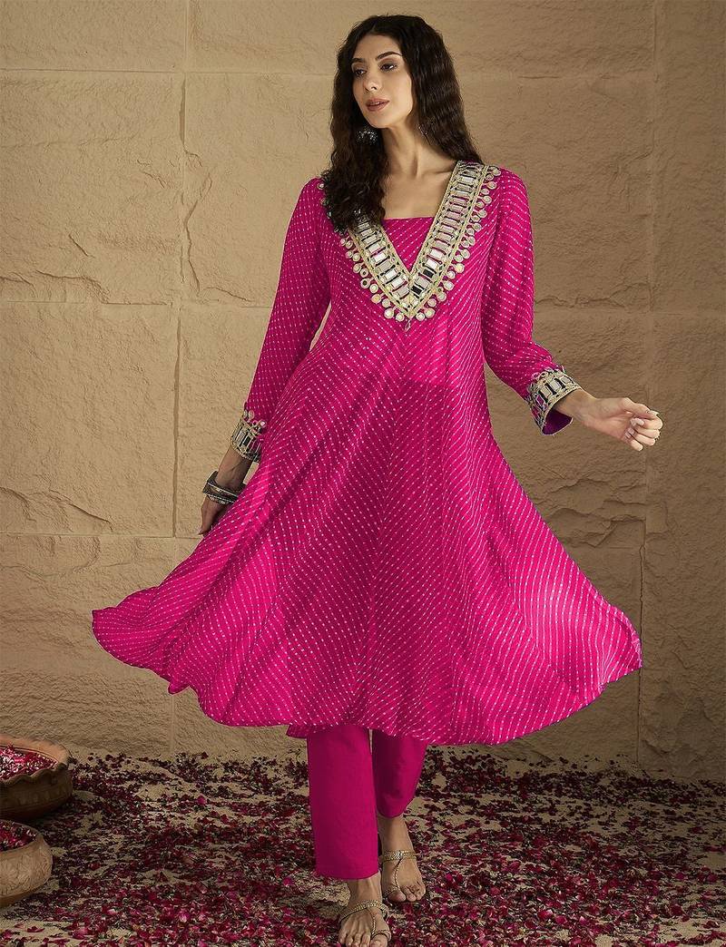 Pink floral embroidered georgette kurta trouser set