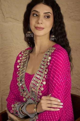Pink floral embroidered georgette kurta trouser set