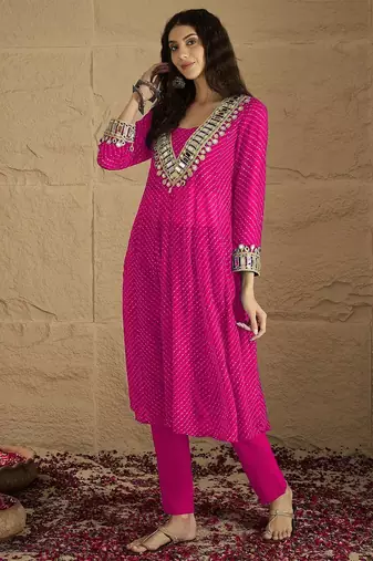 Pink floral embroidered georgette kurta trouser set