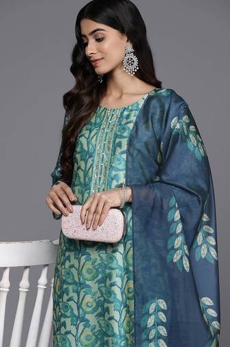 Sea green floral printed silk blend kurta trouser dupatta set