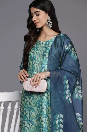 Sea green floral printed silk blend kurta trouser dupatta set