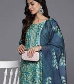 Sea green floral printed silk blend kurta trouser dupatta set