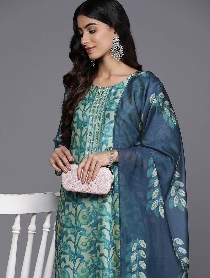 Sea green floral printed silk blend kurta trouser dupatta set