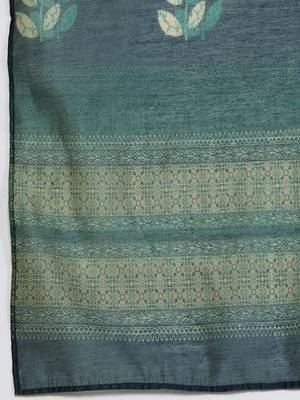 Sea green floral printed silk blend kurta trouser dupatta set 3