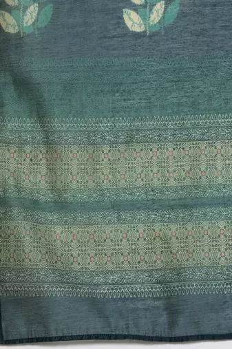 Sea green floral printed silk blend kurta trouser dupatta set