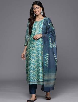 Sea green floral printed silk blend kurta trouser dupatta set 4