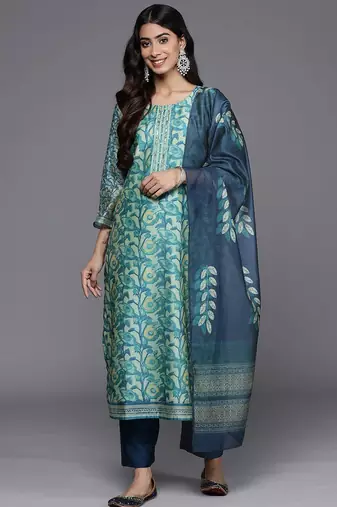 Sea green floral printed silk blend kurta trouser dupatta set