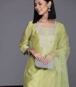 Green floral embroidered cfloraleri silk kurta trouser dupatta set