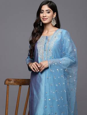 Blue floral embroidered cfloraleri silk kurta trouser dupatta set 1
