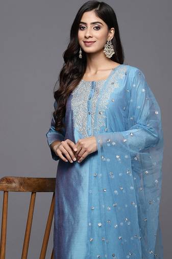 Blue floral embroidered cfloraleri silk kurta trouser dupatta set