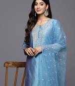 Blue floral embroidered cfloraleri silk kurta trouser dupatta set