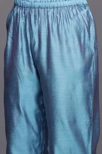 Blue floral embroidered cfloraleri silk kurta trouser dupatta set