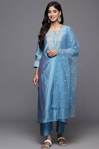 Blue floral embroidered cfloraleri silk kurta trouser dupatta set