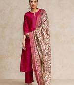 Pink floral printed silk blend kurta trouser dupatta set