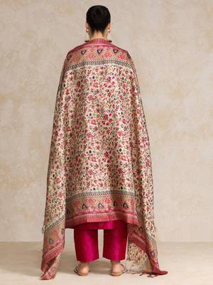 Pink floral printed silk blend kurta trouser dupatta set 4