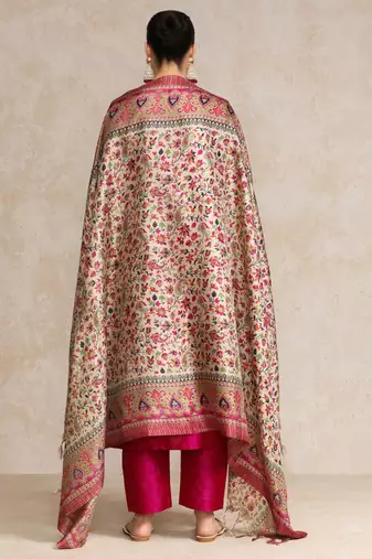 Pink floral printed silk blend kurta trouser dupatta set