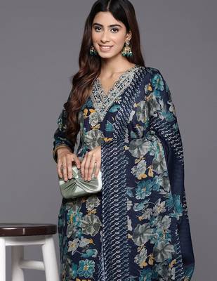 Blue floral printed silk blend kurta trouser dupatta set 1