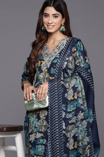 Blue floral printed silk blend kurta trouser dupatta set