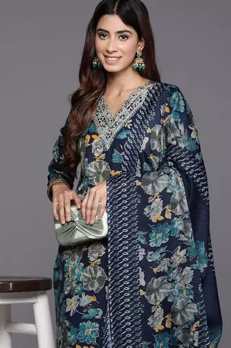 Blue floral printed silk blend kurta trouser dupatta set