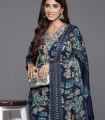 Blue floral printed silk blend kurta trouser dupatta set